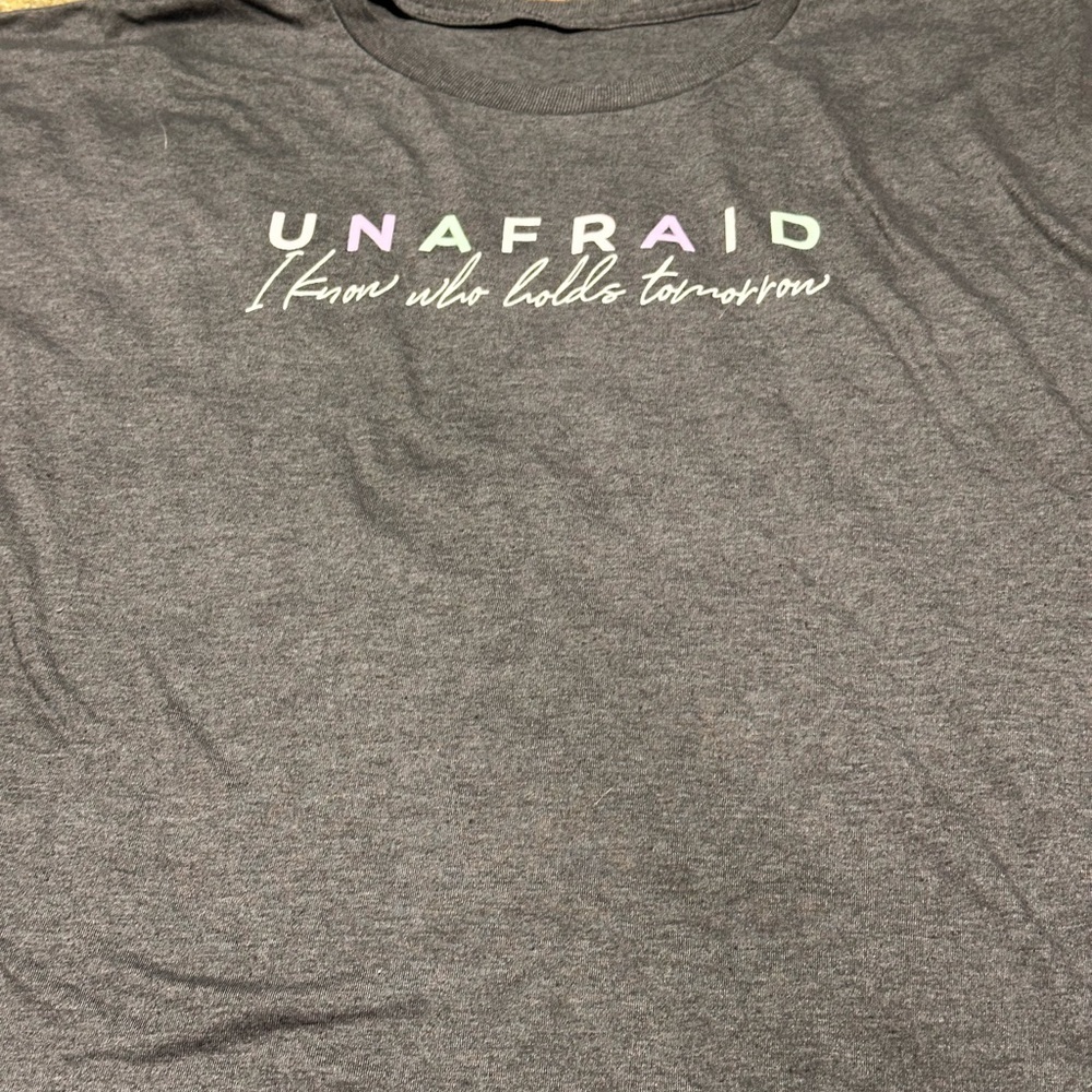 Eternal Light Printed Gildan Gray Tee with Pastel Text Unafraid I Know Who Holds